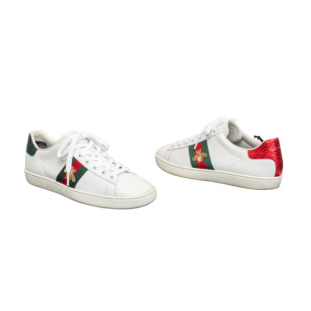 Gucci Ace Bee White Leather Sneakers Green Red Web Stripe Women's EU 37 US 7